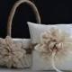 Rustic Ivory Beige Burlap Wedding Flower Girl Basket and Ring Bearer Pillow Set