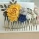 Yellow, Grey Blue Wedding Large Comb. Large Yellow Rose, Blue Brass Leaf Hair Comb. Bridesmaid Gift. Blue and Grey Wedding. Yellow Wedding