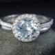 Diamond Halo Blue Aquamarine Engagement Ring – 14Kt Gold Comfort Fit Wedding Band