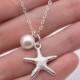 Set of 5 Bridesmaid Starfish Necklaces, 5 Starfish Necklaces, Starfish and Pearl Necklaces, Bridesmaid Necklaces, Beach Wedding 0199