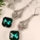 Emerald Green Art Nouveau Dangle Earrings, Art Deco Rhinestone Antique Silver Drop Statement Earrings, 1920s Gatsby Flapper Long Bridesmaid