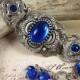 Medieval Bracelet, Sapphire, Blue Clover, Renaissance Jewelry, Antiqued Filigree Jewelry, Tudor Jewelry, Ready to Ship