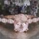 Solitaire Morganite Engagement Ring in 14k Rose Gold Scalloped Diamond Wedding Band 9x7mm Oval Cut Pink Peach Gemstone Anniversary Ring