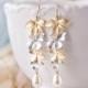 Bridal Earrings, Gold and Silver Earrings, Wedding Earrings, Bridesmaid Earrings, Orchid Flower Teardrop Cream Pearl Long Dangle Earrings