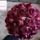 Satin Rose Bouquet- Burgundy / Deep Red Flower accented with rhinestone (Medium, 7 inch)