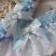 WEDDING GARTER SET white and blue bride French garter satin lace heart diamante
