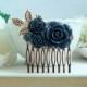 Navy Blue, Dark Blue Rose Flower Hair Comb, Rose Gold Bridesmaids Gift. Rose Gold Bridal Wedding Comb. Something Blue Comb, Country French