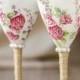 Wine glasses, pink roses wedding, rustic chic, cottage wedding, bride and groom wedding flutes, provence flower, vintage, romantic,  2pcs