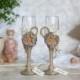 Rustic toasting flutes with rope, lace, burlap flower, orange beads (color customizable)