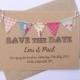 Save The Date Fabric Bunting Wedding Invitation. Kraft card with soft patchwork bunting. Rustic Wedding