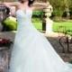 Simple A-line Strapless Beading Lace Sweep/Brush Train Satin&Organza Wedding Dresses - Dressesular.com