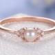 Mothers Day Birthday Gift White Akoya Pearl Engagement Ring Rose Gold Wedding Bridal Set Stacking Cluster Diamond Minimalist Thin Promise