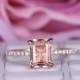 6x8mm Morganite Engagement ring/in 14k rose gold diamond band/Claw Prong Stacking wedding ring/Emerald cut pink morganite ring/Pave set