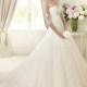 Exquisite A-line Bateau Half Sleeve Beading Lace Sweep/Brush Train Tulle Wedding Dresses - Dressesular.com
