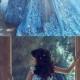 A-Line Sequare Chapel Train Sleeveless Blue Tulle Wedding Dress With Appliques Sash