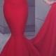 Mermaid Strapless Satin Long Prom Dress Red Formal Gown Cut Out
