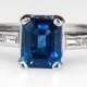 Sapphire Engagement Ring – Vintage 1.27 Carat Emerald Cut Blue Sapphire With Diamond Baguette Accents - Platinum Engagement Ring - WMHH428