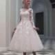 Elegant Tulle Jewel neckline Long Sleeves Tea-length A-line Wedding Dress With Venice Lace Appliques - overpinks.com