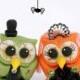 Halloween wedding cake topper, custom cute owl love birds bride and groom with banner, Zombie wedding