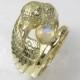 14K Gold Raven Ring with Moonstone - Pagan Wedding Ring - Double Ring - Engagement and Wedding Ring Set -  Bird Ring - Original Wedding Ring