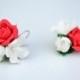 Red white flower earrings. Red rose earrings. Wedding earrings. Polymer clay flower earrings.