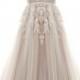 Latest A-Line V-Neck Natural Chapel Train Tulle And Lace Ivory/Champagne Sleeveless Open Back Wedding Dress With Appliques And Beading LD3932