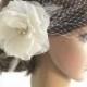 Wedding Veil Headpiece, White Birdcage Veil, Ivory Flower Fascinator, champagne Wedding Headpiece, Flower Veil Hair Piece