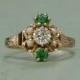 Antique Victorian 12K Rose Gold Engagement Ring - Diamond Pearl & Tsavorite Garnet w/ engraved band and open filigree style head-Size 7 1/4