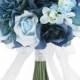 Hydrangea Rose Navy Light Beach Blue Hand Tie Medium - Silk Bridal Wedding Bouquet