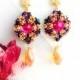 Colorful beaded earrings, beadwork jewelry, pink, gold, purple seed bead earrings, dangle drop earrings, bead embroidery, handmade cluster 