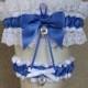 Follow Your Heart Garter Set Choose Your Charms Be True Love Filigree Double Hearts Lock and Key Royal Blue & White for Wedding or Prom