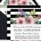 BLACK & WHITE STRIPE Bridal Shower Invitation Pink Watercolor Flowers Anemone Boho Wedding Free Priority Shipping Or DiY Printable- Elise