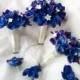 6 Pc Natural Touch Blue Purple dendrobium orchids silk white stephanotis  - Silk Wedding Bouquets Flowers Package Set