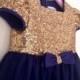 Girl's Gold Sequin and Navy Tulle Flower Girl Dress, Girl's Party Dress, 1st Birthday Dress, Glitzy, Sparkly Gold Dress, Christmas Dress