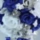 17 Piece Package Wedding Cascade Bouquet Bride Silk Flowers Bridal Bouquets Decorations Teardrop Navy BLUE SILVER "Lily of Angeles" BLSI01