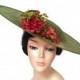 Coral and green hat with flowers-Flower hat coral-Green wedding hats-Floral ascot hats-Green derby hats-Ladies hats coral-Tea party hats-