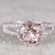 8mm Morganite Engagement ring White gold,Diamond wedding band,14k,Round Cut,Gemstone Promise Bridal Ring,Claw Prongs,Pave Set,Handmade