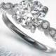 Moissanite Art Deco Engagement Ring - Round Cut - Vintage Ring Promise Ring Wedding Ring Antique Style - Milgrain White Gold Moissanite Ring