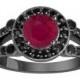 ON SALE Ruby & Black Diamond Engagement Ring Vintage Style 14k Black Gold 1.80 Carat Unique Halo HandMade