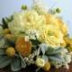 Yellow, Silver Grey, and Ivory Cascading Silk Flower Bridal Bouquet, Boutonniere, Peonies, Ranunculus, Lilacs, Billy Button, "Lively"