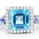 Perfect Natural 6.40CT Princess Cut Genuine Swiss Blue Topaz Tanzanite And Diamond Ring 10K White Gold