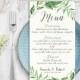 leafy wedding menu printable wedding menu green wedding menu greenery wreath wedding menu leafy wreath menu watercolor greenery printable