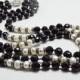 Black White Gemstone Multi Strand Layered Beaded Party Statement Necklace, Elegant Pearl Agate Rhinestone Modern Holiday Fashion Necklace