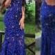 Royal Blue Jewel Sweep Train Lace Backless Mermaid Prom Dress With Beading N36