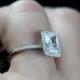 White Sapphire Engagement Ring Emerald cut & Diamonds Halo Ione Medio 2ct 8x6mm Custom Size White-Yellow-Rose Gold-10k-14k-18k-Platinum