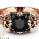 Black Diamond Modern Engagement Ring 14K Rose Gold Engagement Ring Black Diamond Leaf Ring