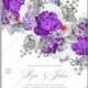 Peony wedding invitation. Red spring flowers Lilac, narcissus, eucalyptus
