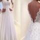 Long Sleeve V-Back Lace A-line Vintage Romantic Plush Size Wedding Dress. RG0182