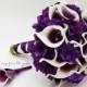 Real Touch Picasso Calla Lily Purple Hydrangea Bridal Bouquet Groom's Boutonniere in Plum Purple White - Purple Real Touch Wedding Bouquet