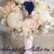 Navy Blush Ivory Sola Bouquet, Fall Bouquets, Navy Blue Sola Bouquet, Blue Bouquet, Wedding Flowers, Bridal Accessories, Keepsake Bouquet